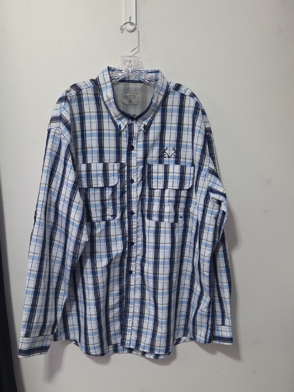 Realtree Blue and White Plaid Button-Down Vented Fishing Shirt